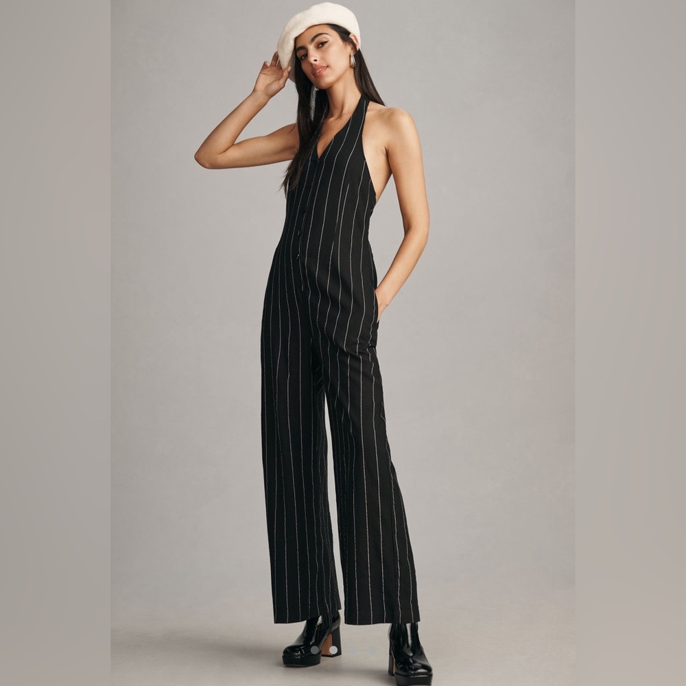 NWT Anthropologie Little Lies pinstripe halter jumpsuit